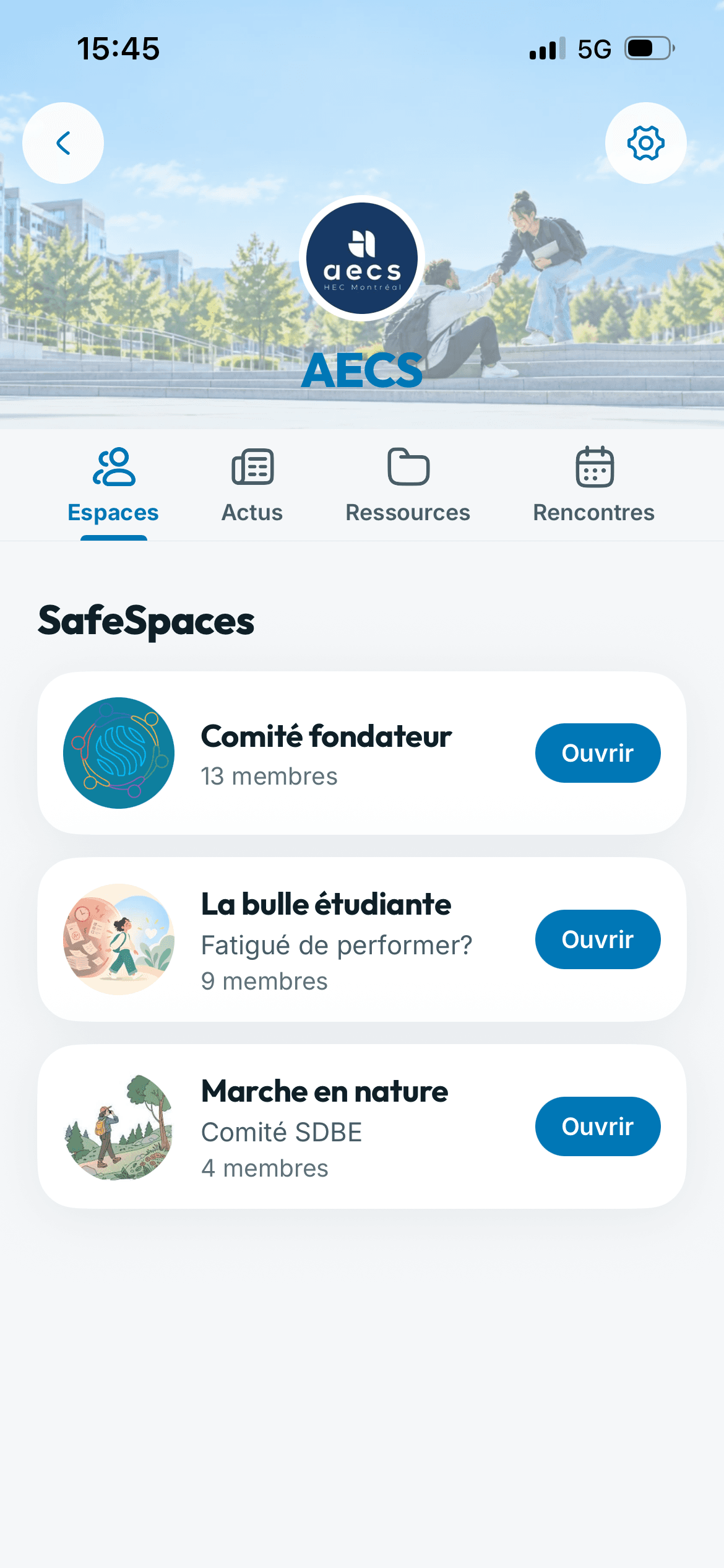 L’espace de l’AECS dans l’app SafeSpace, avec ses SafeSpaces